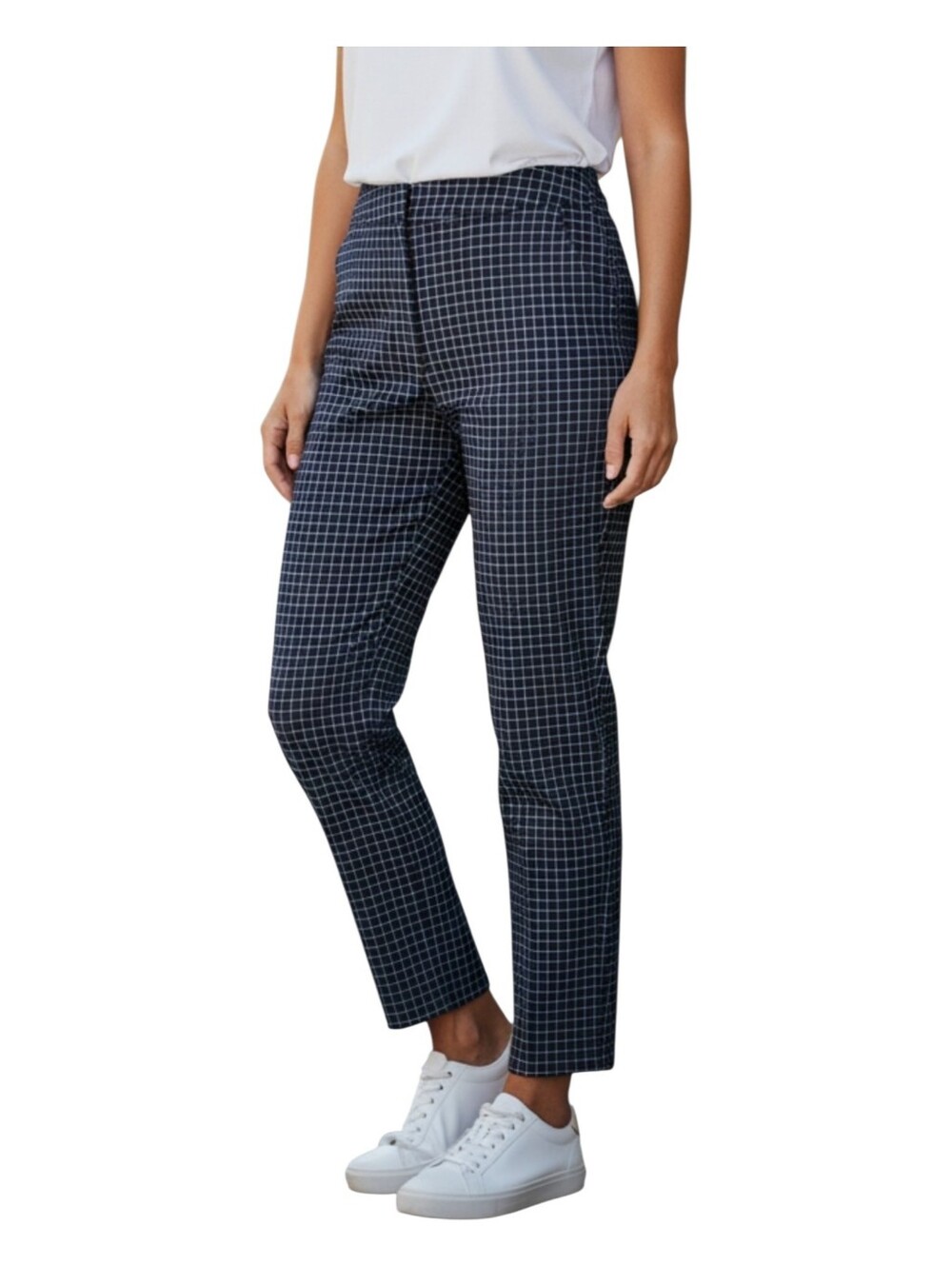 Lands End Womens Navy Blue Check Plaid Straight Leg Pull On Stretch Pants Small